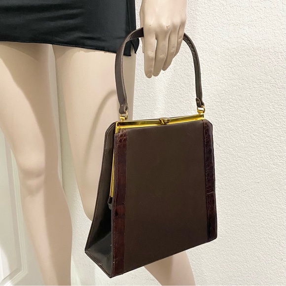 Vintage Sydney of California Brown Croc Leather Trim Top Handle Clutch Handbag - Picture 1 of 16